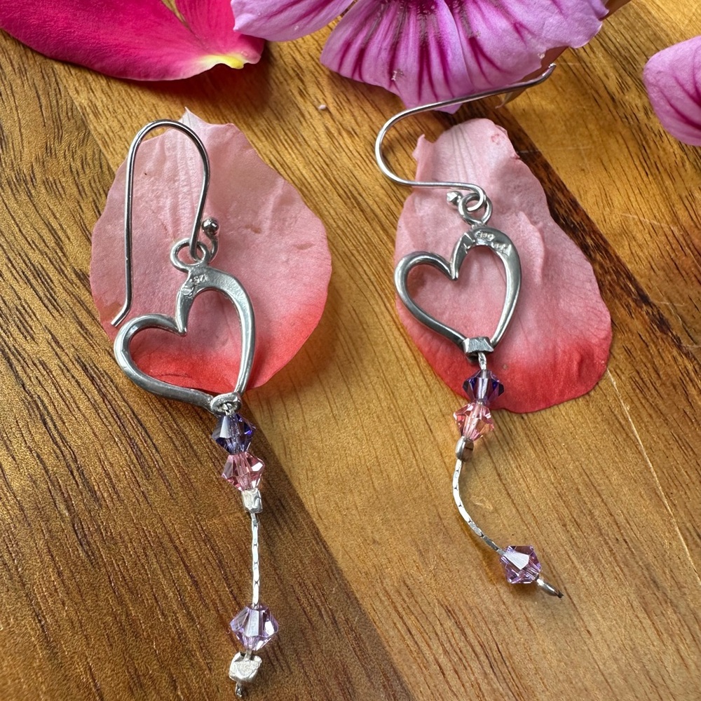 Sterling Silver 925 Heart Dangle Earrings with Purple Accents